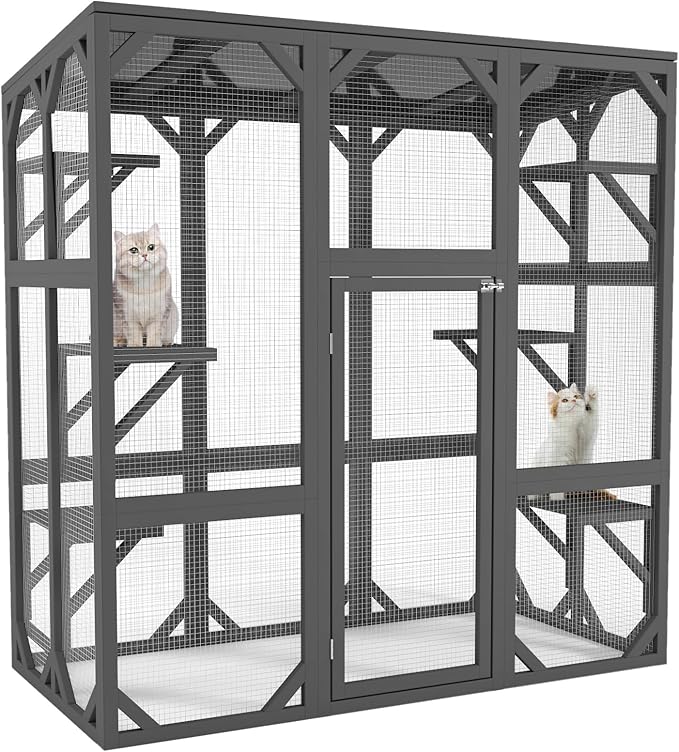 LOVMOR 60" Outdoor Catio with Six Platforms, Outdoor Cat Enclosure with Large Enter Door, Waterproof Roof, Safety Galvanized Steel Wire Mesh, Easy Installation