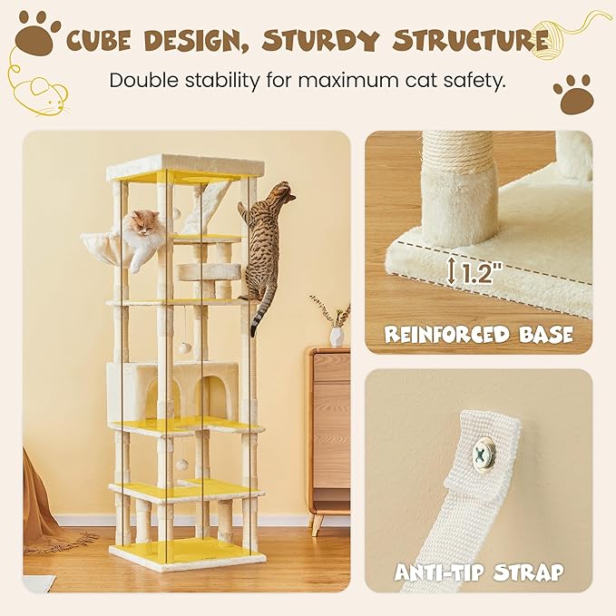 MWPO 74.8 inches Large Cat Tree with Sisal-Covered Scratching Posts & Condo, Tall Cat Tower Entertainment Playground Furniture for Cats & Kittens - Multiple Colors-Beige