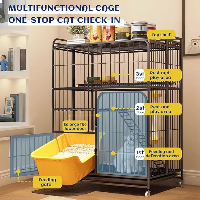 Collapsibles Cat Cages Indoor,Portable Cats Enclosures 2/3/4-Tier,Heavy-Duty Cat Playpens with Universal Wheels,Large Metal Animal cage Pet Crate No Assemblys Required (Black, 3-Tier (No Litter Box))