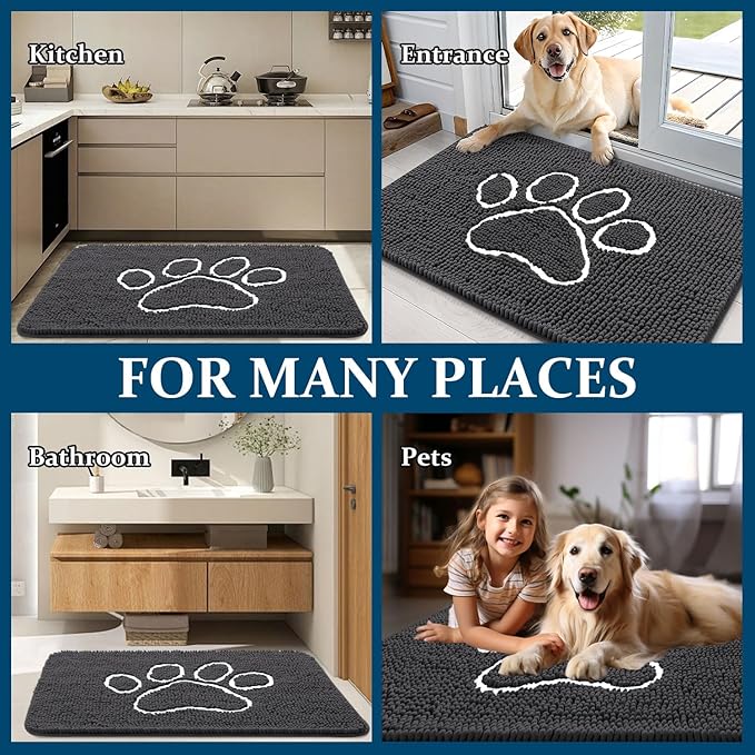 OLANLY Dog Door Mat for Muddy Paws 40x32, Paw Print Design, Absorbs Moisture and Dirt, Absorbent Non-Slip Washable Doormat, Quick Dry Chenille Mud Mat for Dogs, Entry Indoor Entryway Carpet, Dark Grey