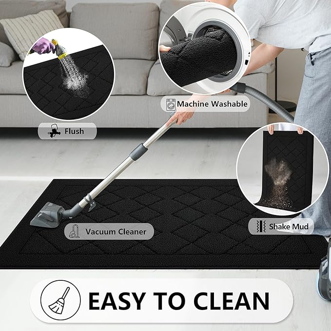 REFETONE Indoor Doormat, Front Back Door Mat 24"x36" Rubber Backing Non Slip Mats, Absorbent Washable Entrance Doormat for Entryway, Resist Dirt Low-Profile Inside Floor Mat for Muddy Shoes, Black