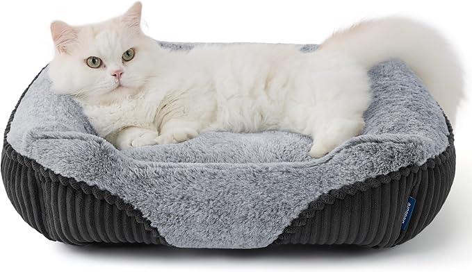 Bedsure Washable Dog Bed Small Dog&Cat- Rectangle Fluffy Plush Kitten Puppy Bed, Comfy Corduroy Fleece and Nonskid Bottom,20x19x6inches,Suitable for Pet Up to 15lbs,Grey