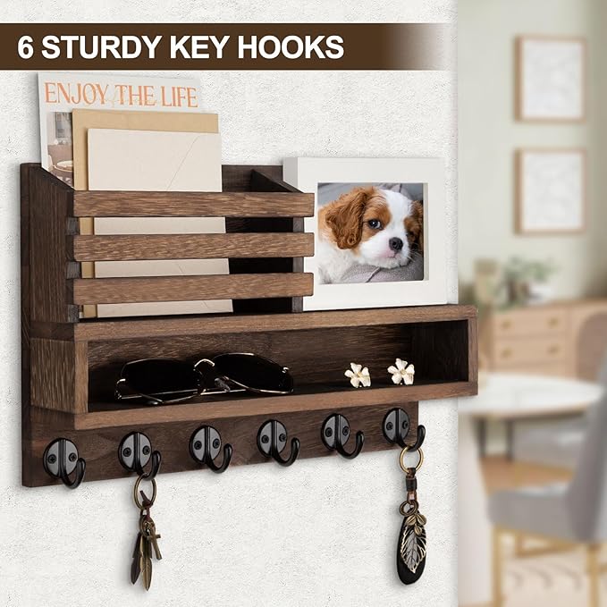 Lucundm Key and Mail Holder Wall Mount, Key Hanger with Long Storage Box and Key Hooks for Coat, Dog Leash, Home Decor Rack, House Accessories, Entry Way Organizer