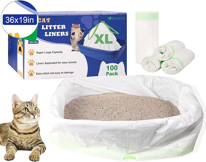 100 Pack Jumbo Cat Litter Bags - 3MIL Extra Thick Heavy Duty Cat Litter Box Liners, 36"x19" Drawstring Large Cat Litter Liners for Litter Boxes, Easy Clean Up Kitty Litter Liner XL