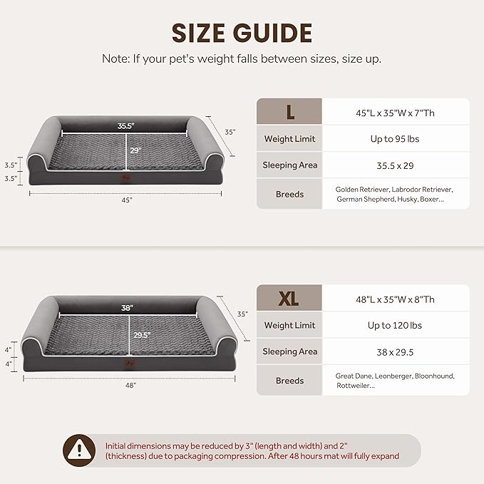 Orthopedic XL Dog Beds, Waterproof Pet Bed for Extra Large Dogs, Non-Slip Bottom and Egg-Crate Foam Large Pet Couch Sofa with Washable Removable Cover, Dark Grey