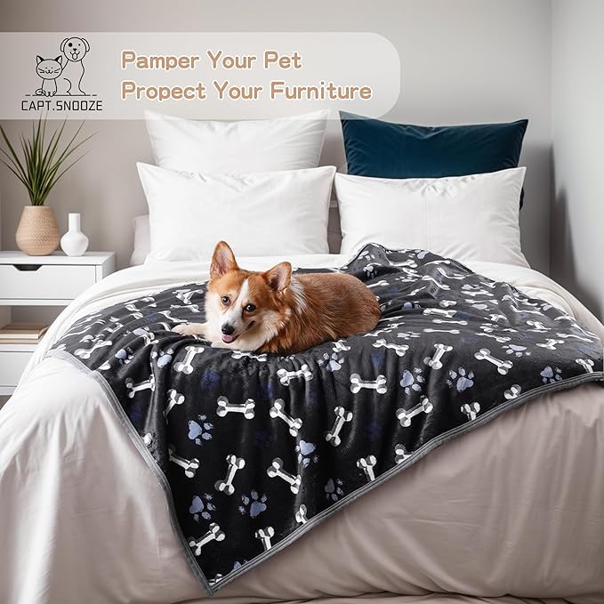 CAPT.SNOOZE Waterproof Dog Blankets Pet Blanket 50"x60", Soft Fluffy Sofa Car Bed Protector, Reversible Sherpa Fleece Dog Blanket for Large Dogs (Navy Paws)