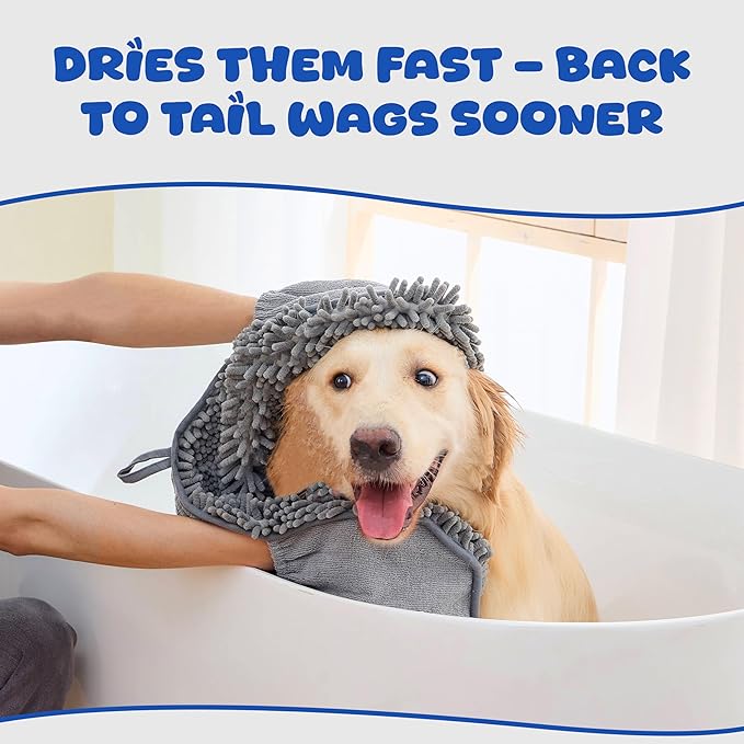 Microfiber Dog Bath Towel โ Super Absorbent Dog Towels for Drying Dogs Large & Small, Quick Dry Pet Towel with Hand Pockets, Soft & Durable Puppy Towel, Machine Washable โ Grey