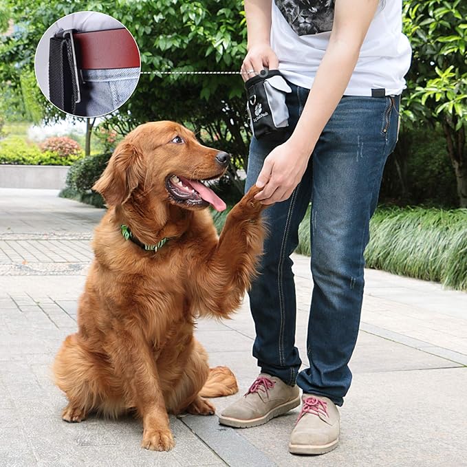 AMZNOVA Dog Treat Bag Treatnow Dog Treat Pouch, Training Pouch with Waist Belt & Clicker for Training & Walking, Waist Clip On Snack Fanny Pack for Pet, 3Cups, Black