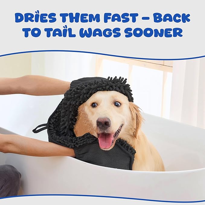 Microfiber Dog Bath Towel โ Super Absorbent Dog Towels for Drying Dogs Large & Small, Quick Dry Pet Towel with Hand Pockets, Soft & Durable Puppy Towel, Machine Washable โ Black