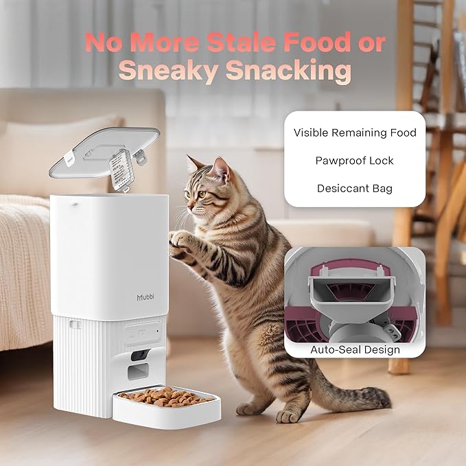 Automatic Cat Feeder, 7L/29 Cups Automatic Dog Feeder, Mubbi Dog Food Dispenser, 1-6 Meals Ideal for Multiple Pets (White, Camera-7L)