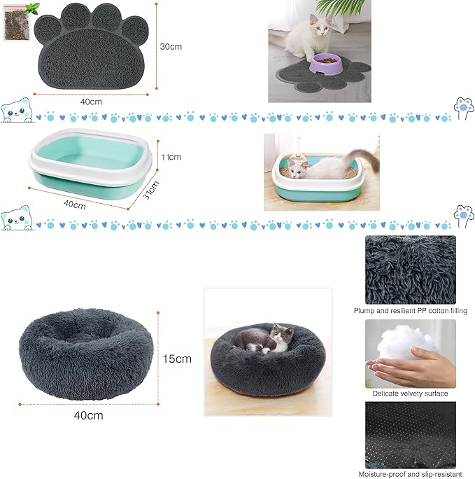 Kitten Starter Supplies Starter Kit, 20 pcs of Essentials, Including Bed, Carrier, Litter Mat, Box, Collar, Bowls and More, Perfect for New Cat Owner - Blue