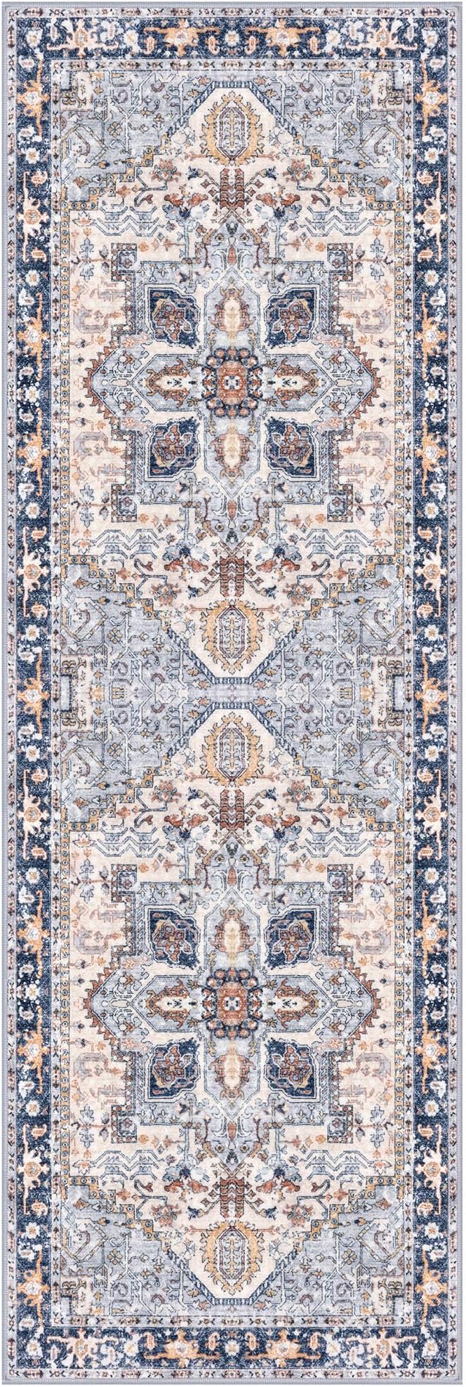 KOZYFLY Runners for Hallways 2x6 Ft Washable Kitchen Runner Rug Boho Runner Rug for Entryway Indoor Printed Oriental Faux Wool Floor Carpet Runner for Bedroom Kitchen Hall, Blue Gray/Cream