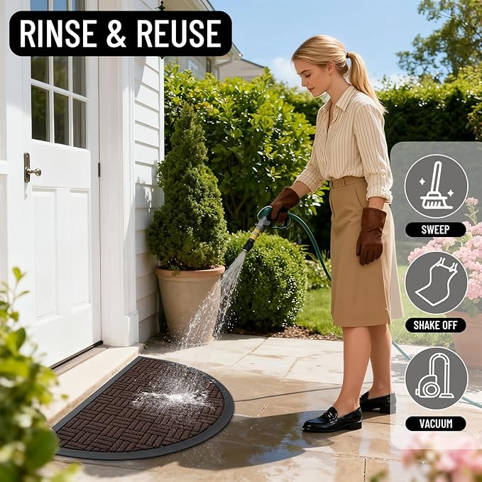 OLANLY Half Circle Door Mat Outside Entrance 29.5x17, Absorbent, Heavy Duty Sturdy Natural Rubber Doormat Indoor Outdoor, Fade Resistant, Non-Slip Backing Low Profile Floor Mat for Entryway, Brown