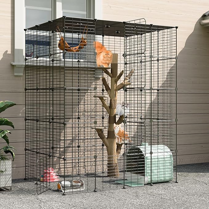 Oneluck Outdoor Cat House Cages Enclosure with Super Large Enter Door, 55L x 41W x69H Balcony Playpen with Platforms, DIY Kennels Crate Large Exercise Place Ideal for 1-3 Cats (Without Platform)