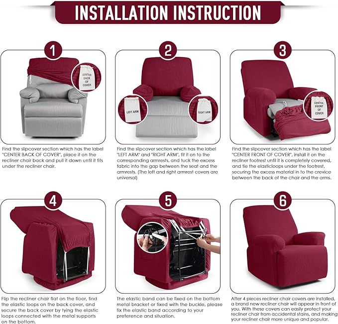 TAOCOCO Recliner Cover 4-Pieces, Recliner Stretch Sofa Slipcover, Recliner Cover 1 Seater, Couch Protector Soft, Furniture Protector Covers with Elastic,Chair Covers Jacquard Pattern (Burgundy)