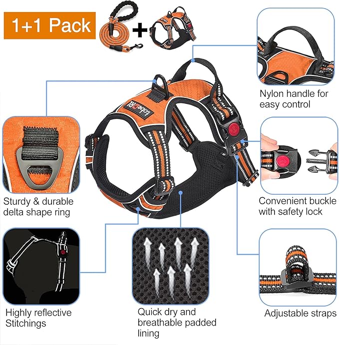 No Pull Dog Harness Adjustable Reflective Oxford Easy Control Medium Large Dog Harness with A Free Heavy Duty 5ft Dog Leash (XL (Neck: 22"-32", Chest: 31"-38"), Orange Harness+Leash)