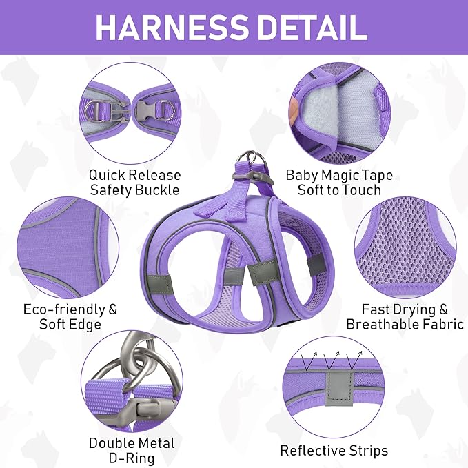 GAMUDA Small Pet Harness Collar and Leash Set, Step in No Chock No Pull Linen Fabric Soft Mesh Dog Vest Harnesses Reflective for Dogs Puppy Cats Kitten Rabbit (Purple, XL)