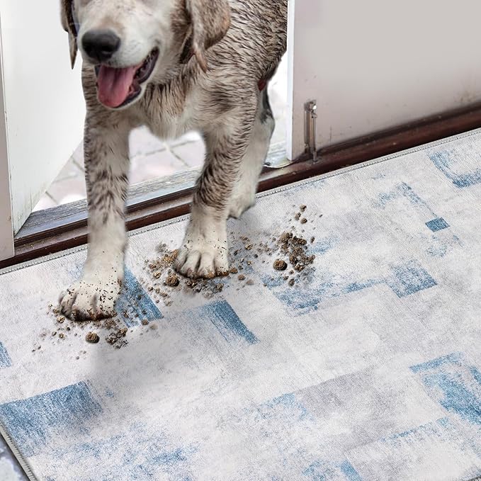 COMSLE Door Mat, Front Door Mat Indoor for Entrance Faux Wool Absorbent Non Slip Modern Throw Rug for Entryway Hallway Muddy Paws - Pet Friendly, 24x36 Inches,Square Blue Machine Washable
