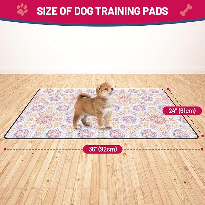 Washable Dog Pee Pads, 24"x36" Reusable Absorbent Dog Pads, Washable, Waterproof & Non-Slip Puppy Pads for Potty Training, Crate, Playpen, Whelping, Mandala Floral Pattern (Pack of 2)