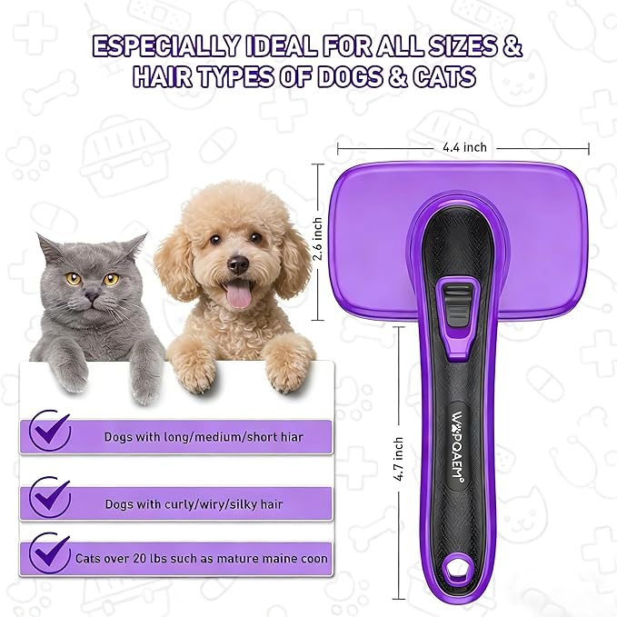 Self Cleaning Slicker Brush for Dog and Cat - Skin Friendly Shedding & Grooming Tool for Long and Short Haired Pets,Easy Clean Retractable Bristles, Purple