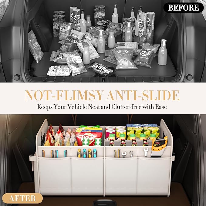 Trunk Organizer For Suv & Sedan,Car Organizers and Storage, Waterproof Collapsible & Adjustable Straps,75L Sturdy Car Organization for Car Accessories, Tools,Sundries,2-3 Compartment(Beige)