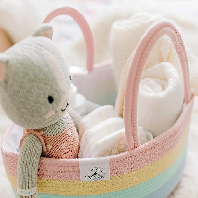 OrganiHaus Pastel Rainbow Nursery Storage Basket, Cotton Rope Toy & Diaper Caddy Organizer with Handles, Baby Diaper Organizer, Foldable Design, Machine Washable, Ideal for Baby Room & Laundry
