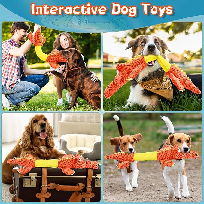 Interactive Tug of War Dog Toys for Small to Large Breeds-Squeaky Puppy Toys with Crinkle Paper, Stuffed Chew Dog Toys to Keep Them Busy, Training Reward Gift (Orange)