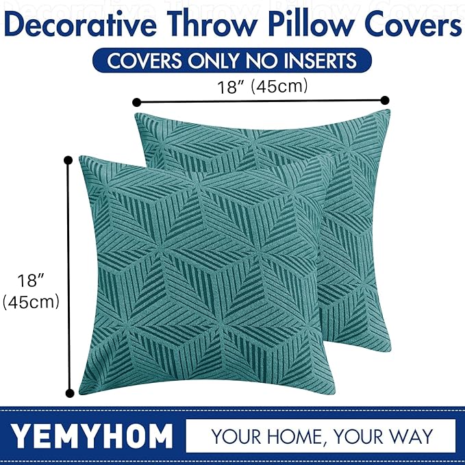 YEMYHOM Pack of 2 Throw Pillow Covers 18 x 18 Inch High Stretch Jacquard Pillowcase for Couch Sofa Living Room Home Decor, Peacock Blue