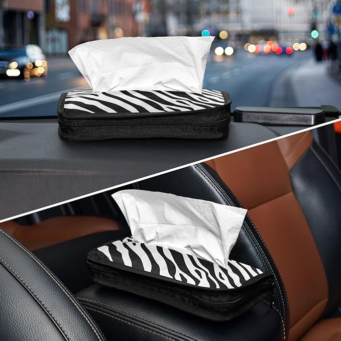 Car Tissue Holder Car Napkin Holder Car Tissue Box Dispenser Storage Case Sun Visor Mask Holder with Adjustable Straps Reusable Refillable Zebra Print