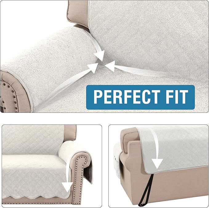 H.VERSAILTEX Waterproof Quilted Couch Covers Non Slip Sofa Covers Protector Slipcovers for Dogs Couch Covers for 3 Cushion Couch Pet Furniture Protector Modern Fleece Fabric (Sofa,Natural White)