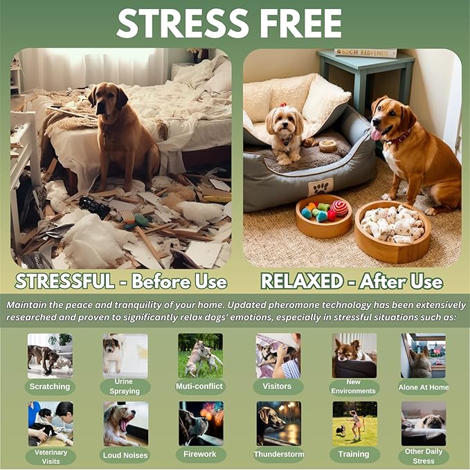Dog Calming Pheromone Diffuser Kit with Timer – 2 Plug-Ins + 4 Refills – Smart 4-Level Timing Calming Aid – Stress Relief for Dogs – Help with Anxiety, Barking, Fighting, Thunder, Travel, Vet Visits