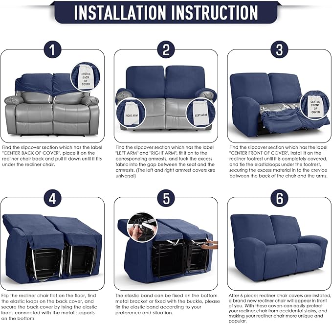 TAOCOCO Recliner Loveseat Slipcover, 6 Pieces Dual Recliner Sofa Covers for 2 Seat Dual Reclining Loveseat Couch, Stretch Soft Jacquard Pattern Furniture Protector with Elasticity (Navy Blue)
