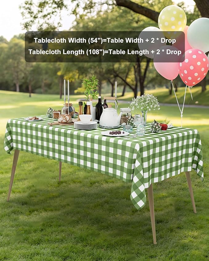 Smiry 8 Packs Gingham Disposable Table Cloth, 54 x 108 Inch Waterproof Plastic Tablecloth, Rectangle Sage Green and White Checkered Table Covers for Picnic, Birthday, Party