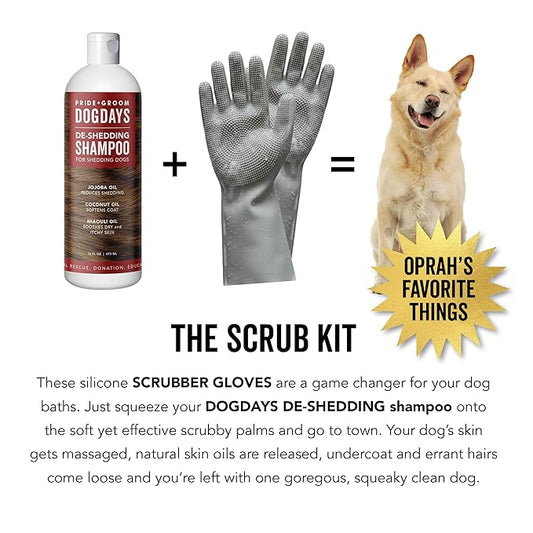 Pride and Groom DogDays De-Shedding The Scrub Kit - Natural Dog Shampoo with Silicone Scrubber Gloves for Detangling, Shedding Control, Coat Massage, Clean Ingredients, and Gentle Pet Grooming Care