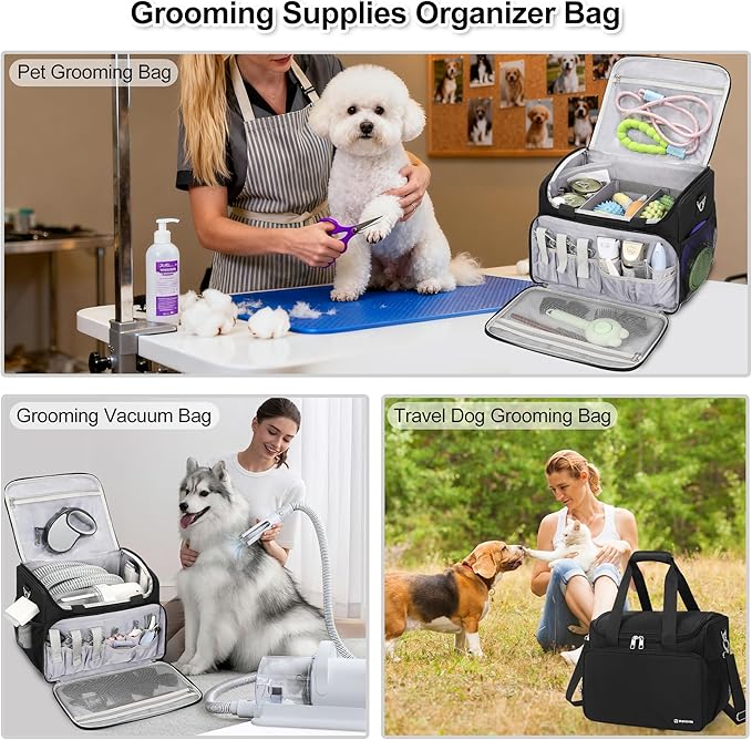 Dog Grooming Vacuum Bag, Pet Grooming Bag Extra Large Dog Grooming Storage Bag with Compartments Professional Travel Animal Groomer's Tool kit Bags for Supplies - for Dogs, Cat & Pet Groomers( Black)