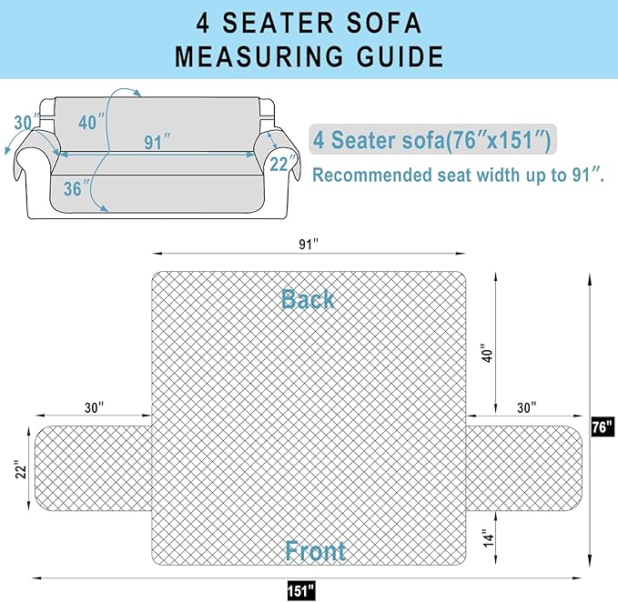 Reversible 4 Seater Sofa Cover 91 Inch Large Couch Cover Furniture Protector(Sofa XX-Large,Black/Black)