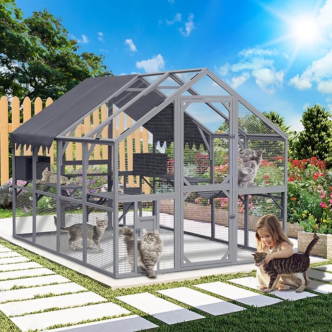 LOVMOR 110" Large Outdoor Wooden Catio, Outdoor Cat House Cat Enclosures, Weatherproof Cover roof, Two Small Sliding Doors, 2 x Bridges, 2 x Sleeping Houses, 7 x Cat Walks