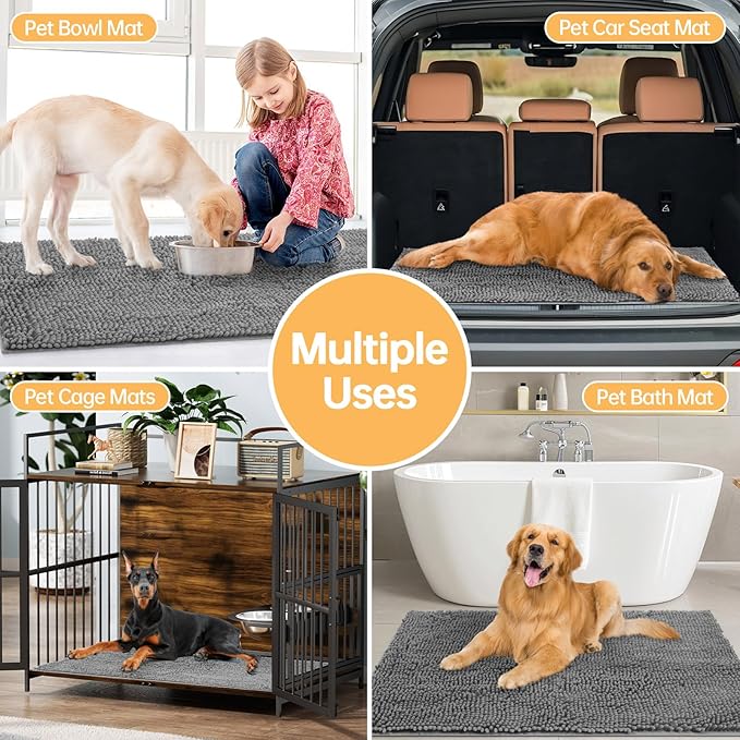Absorbent Dog Door Mat for Muddy Paws, 72" x 48" Chenille Indoor Mats for Entryway, Trap Dirt Front Door Mat Indoor Entrance Washable Non Slip Soft Light Grey