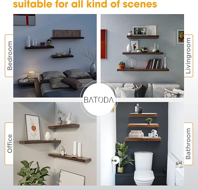 BATODA - 16" Heavy Duty Floating Shelf Bracket (2 pcs)–Solid Steel Blind Shelf Supports - Hidden Brackets for Floating Wood Shelves - Blind Shelf Support - Shelving Mounting Hardware Included (Pack 2)