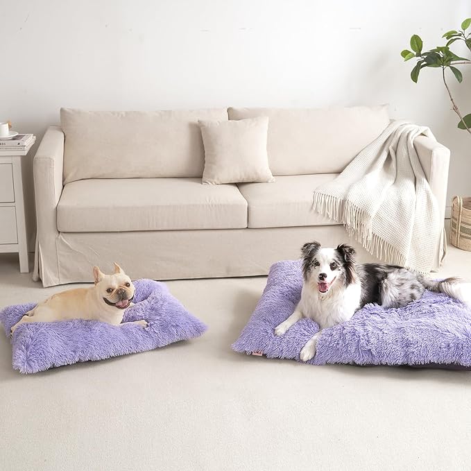 EHEYCIGA Fluffy Dog Crate Bed for Extra Large Dogs, Plush Faux Fur Crate Pad, Calming Anti Anxiety XL Dog Bed, Washable Soft Warm Mat with Non-Slip Bottom, Purple