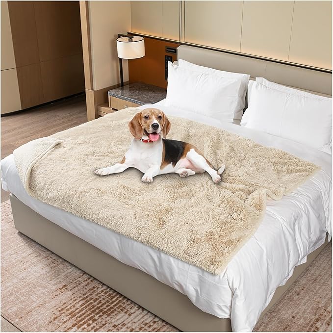 Wowchine Calming Dog Blanket,Waterproof Long Faux Fur Pet Blankets for Medium Puppy Cat Reverible Sofa Couch Covers Washable Pets Ded Cover Cream S-40x28in