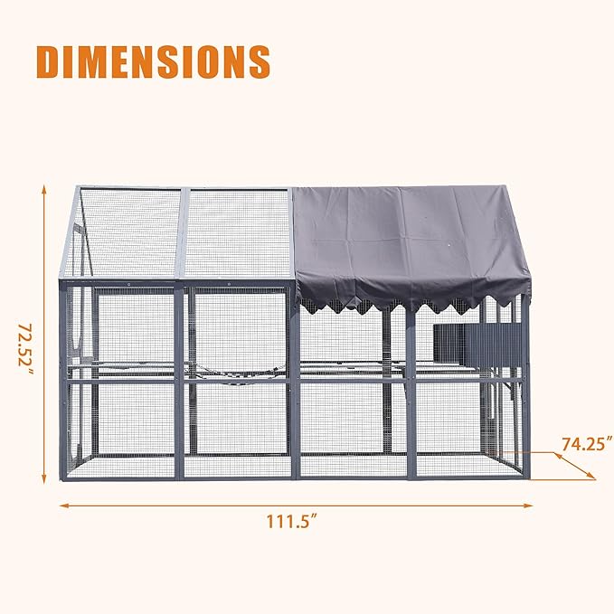 LOVMOR 110" Large Outdoor Wooden Catio, Outdoor Cat House Cat Enclosures, Weatherproof Cover roof, Two Small Sliding Doors, 2 x Bridges, 2 x Sleeping Houses, 7 x Cat Walks