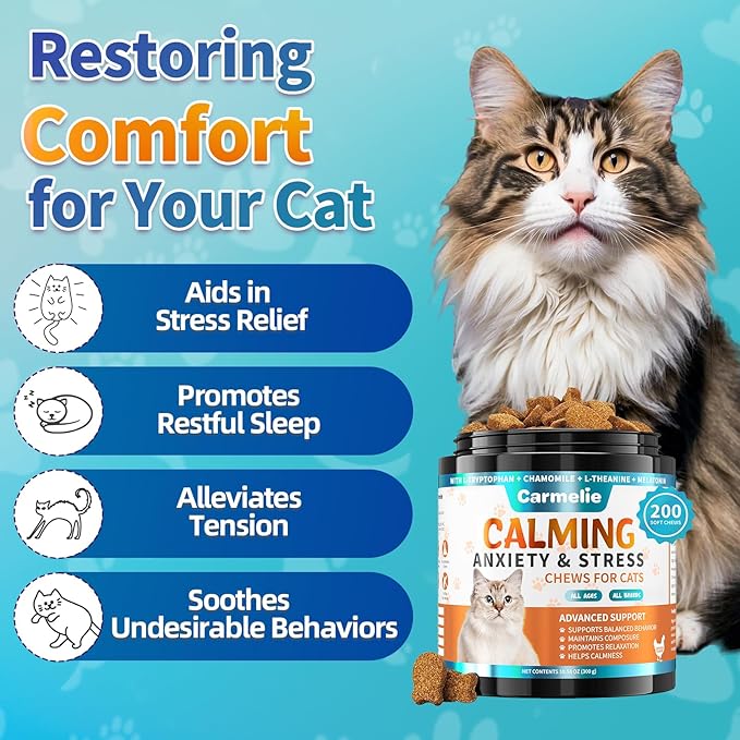 Cat Hemp Calming Treats - 200 Count - Calming Chew for Cat - Calming Treats for Cats with Valerian Root Chamomile Melatonin for Cat Anxiety Relief, Storms, Travel, Separation - Chicken Flavor