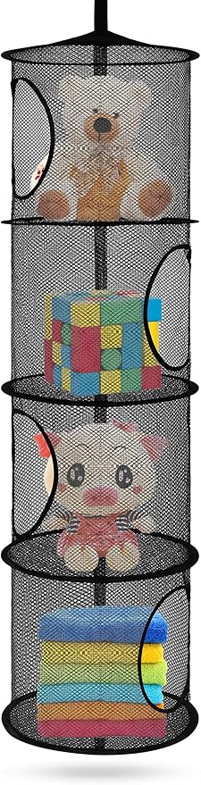 Hanging Stuffed Animal Storage, Foldable Corner Stuffed Animal Storage Organizer 4 Compartments Toy Storage Organizer for Kid Room Toys, Gloves,Hats,Socks Storage(Black)