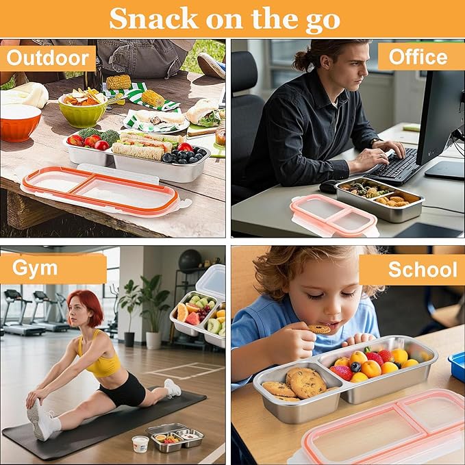 1PC 2 Compartment Grab and Go Snack Containers with Spoon Fork, Reusable Stainless Steel Snack Containers with Lids, Double Compartment Condiment Container for Travel and Outdoor Camping (1)