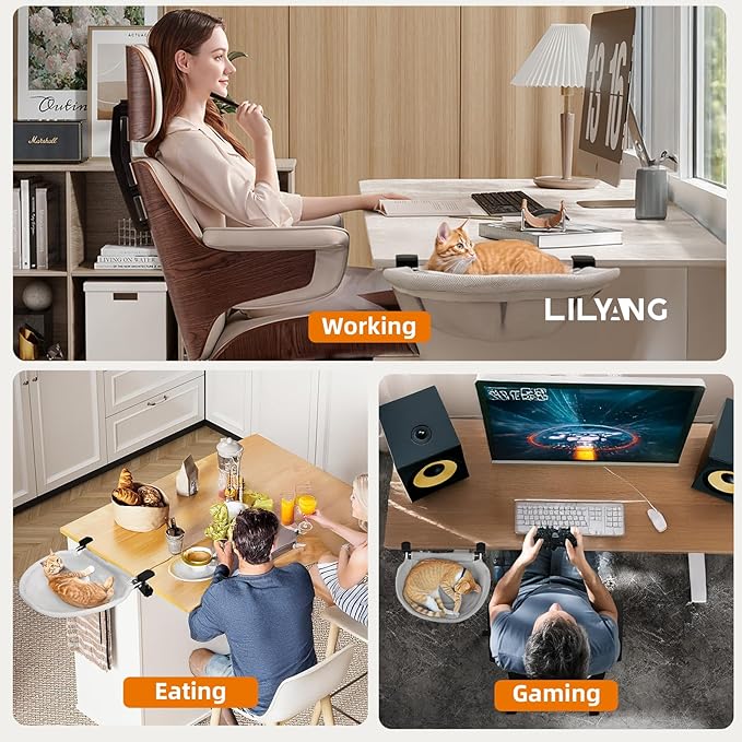 Lilyang Large Cat Desk Bed – Sunken Cat Hammock, 19.5"x15" Spacious Nest, Secure Bed with Dual Clamps & Steel Frame, Supports Up to 50 lbs, Reversible & Washable Bed Cover