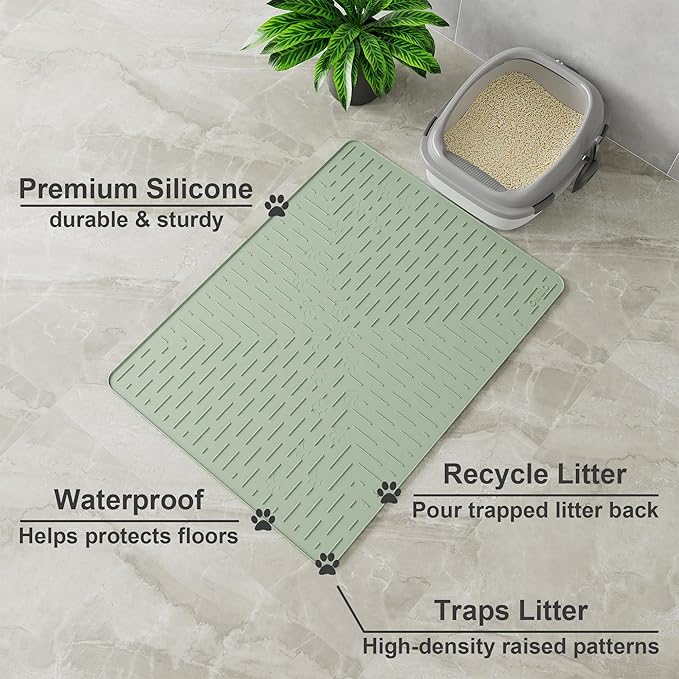 Cat Litter Mat Large Trapping Mat Premium Silicone Rubber 23.5x16" Sage Green, Waterproof and BPA Free Kitty Litter Box Mat, Easy to Clean and Keeps the Floor Tidy