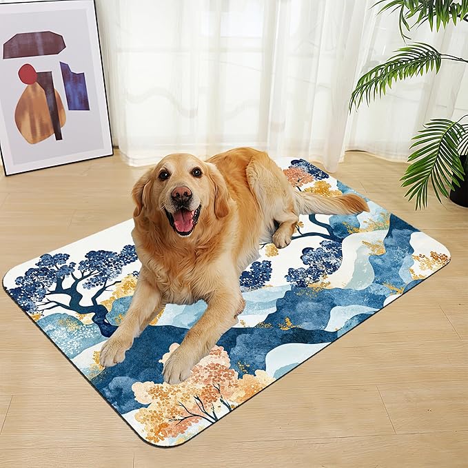 Japanese Wave Tree Dog Food Mat–Absorbent Quick Dry Feeding Placemat for Food and Water Bowls, Non Slip Rubber Backing, Waterproof Pet Supplies for Mess-Free Eating 12"x20"