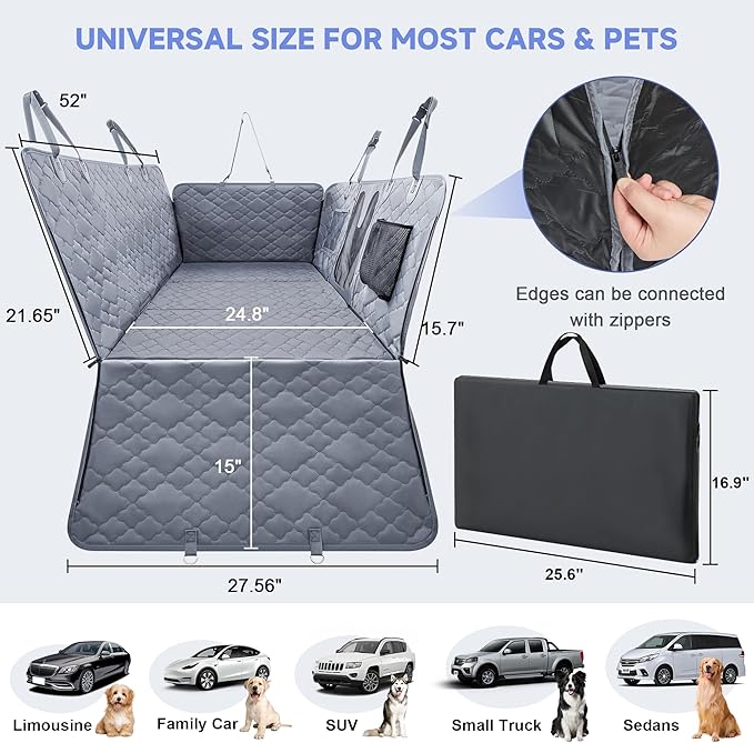 Dog Car Seat Cover for Back Seat - Extender With Hard Bottom Holds 400 lbs, Waterproof Protector With Mesh Window, Hammock for Car, SUV, Truck