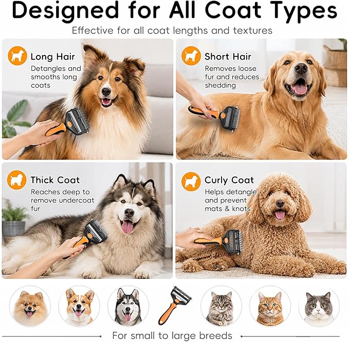 3-in-1 Professional Pet Grooming Brush for Dogs & Cats – Dematting Comb, Undercoat Rake & Deshedding Tool for Long & Short Hair, Heavy Shedding & Matted Fur (Organge)